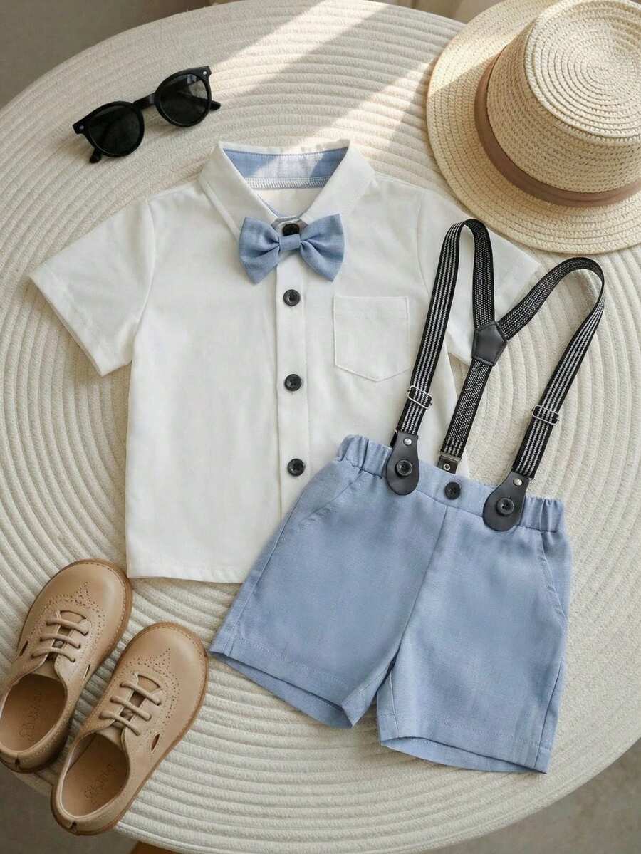2pcs Baby Boy Gentleman Style Set,White Knit Collar Short Sleeve Shirt With Pocket & Bowknot,Elastic Waist Casual Bib Shorts,Elegant Summer Wedding