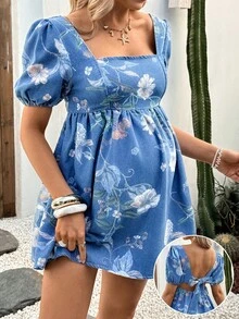 SHEIN 孕妇蓝色牛仔泡泡袖短裙，春夏嘉年华服装，通勤度假毕业时尚Y2K可爱街头风派对婚礼优雅商务休闲女式碎花牛仔连衣裙，方领泡泡袖迷你夏季碎花牛仔连衣裙，清新碎花连衣裙，休闲度假连衣裙，浪漫法式连衣裙，舒适日常连衣裙，蓝色甜美法式风格 - 藍色 - 查看 1