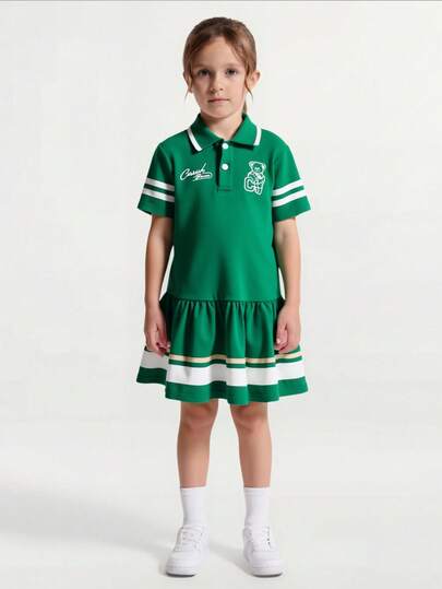 Casuvi Kids KIDS Girls' Colorblock Striped Dress, Retro American College Style Cute Bear Cartoon Letter Print Casual Sports Dress, Summer New Arrival