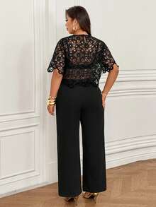 Femmeverse 新款蕾丝薄纱上衣，花卉袖，优雅荷叶边领，针织弹力腰阔腿裤 - 黑色 - 查看 3