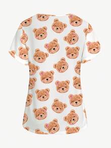 PopScrub Plus Size Women's V-Neck Short Sleeve Scrub Top With Pockets, Cartoon Bear Print, Slit Design, Suitable For Nurses, Staff, And Plush Doll Enthusiasts, Spring/Summer - Multicolor - View 2
