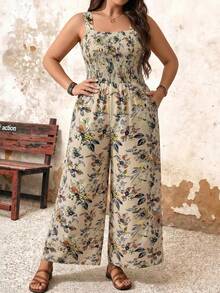EMERY ROSE Plus Size Women Floral Print Pleated Casual Jumpsuit Pants - Multicolor - View 3