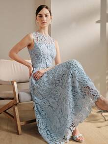 Anewsta Trang phục dự tiệc và nghỉ dưỡng thanh lịch, mẫu mới về: Đầm ren không tay màu xanh nhạt sang trọng kiểu Pháp, dáng ôm eo, thích hợp đi biển. - Màu xanh nhạt - Xem 1