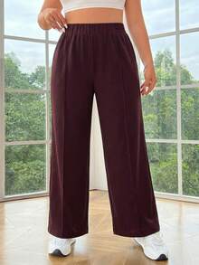 SHEIN EZwear 大码女式金属双扣直筒休闲办公裤，秋冬款 - 酒紅色 - 查看 1