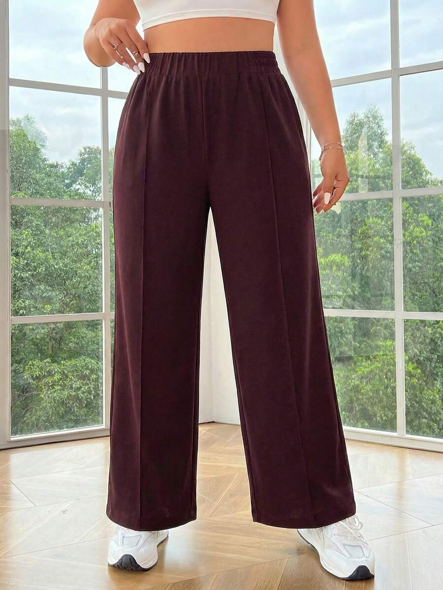 SHEIN EZwear 大码女式金属双扣直筒休闲办公裤,秋冬款 - 酒紅色 - 查看 1