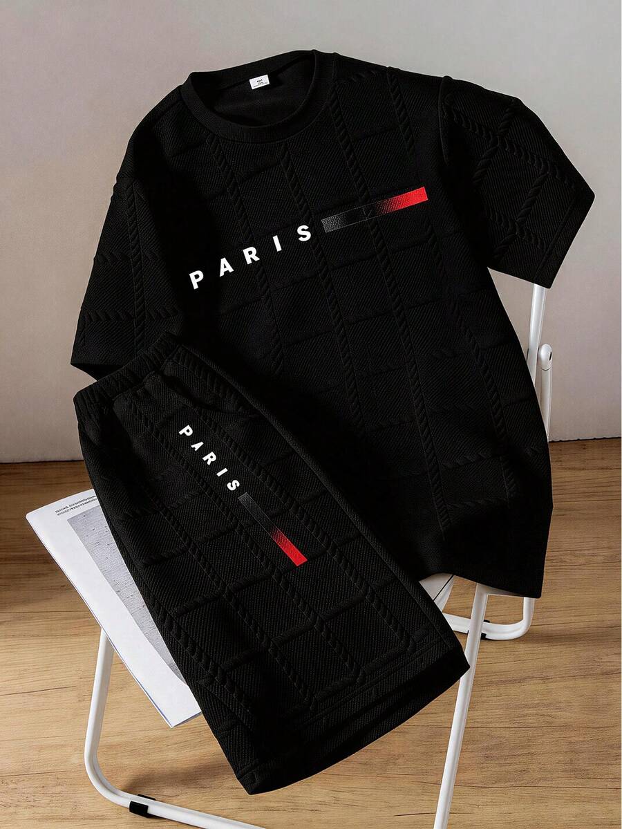 2pcs Vacaura Boy Outfit, Teens (Male) Spring/Summer New Casual Fashion Minimalist White Textured Plaid Paris Print Short Sleeve T-Shirt And Shorts Set - Black - View 1
