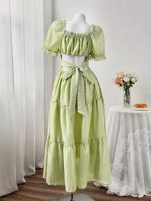 Sweetra Casual Hollow-Out Square Neck Long Cake Dress For Ladies - Green - View 3