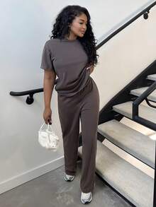 Alexandranx Autumn/Winter Casual Homewear Set: Crew Neck Short Sleeve Top And Straight Leg Distressed Loose Pants - Brown - View 5