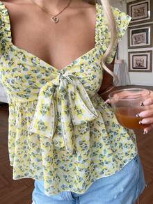 CovetEZ Women's Bohemian Style Yellow Floral Print Woven Summer Shirt, Fashionable Choice For Spring And Summer,Summer Top - Light Yellow - View 6
