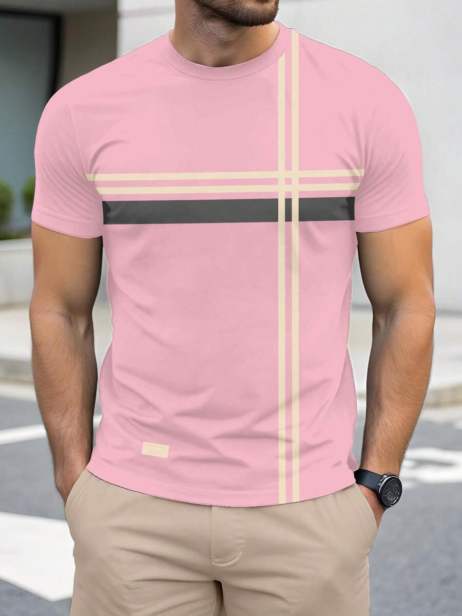 Manfinity RelaxMax Men's Striped Crew Neck Short Sleeve Casual Versatile T-Shirt - Baby Pink - View 1