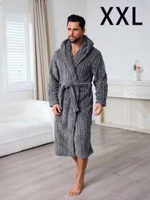 1PC Autumn/Winter Multicolor Long Plush Cable Knit Hooded Bathrobe, Elegant & Charming Fashion Men's Casual Loungewear & Couples Robe - Dark Grey - View 10