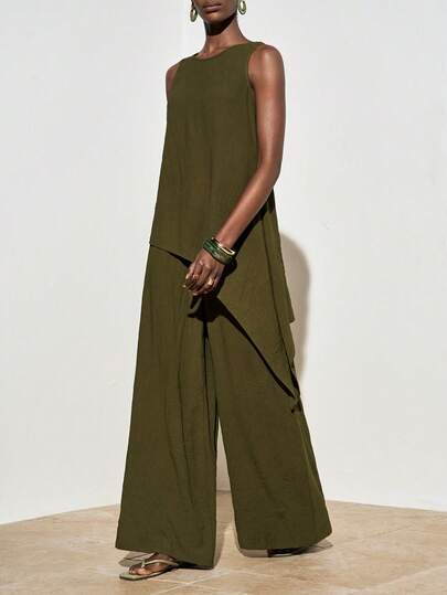 Zivah 2026 Spring/Summer New Casual Commuter Loose-Fitting Military Green Round Neck Sleeveless Side-Slit Irregular Hem Blouse + High-Waisted Wide-Leg Pant Two Pieces Set .Suitable For Everyday Outings, Party, Travel, Parties, Boho , Beach, Airport Outfits, Brunch Outfits, Festivals, And Wedding Guest Attire-A