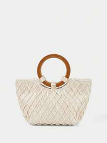 SHECARRY Ladies, Women Imitation Round Seashell Pieces Top Handle Bags, Wooden Handle, Fashionable, Elegant, Simple, Personalized, Versatile, For Beach, Vacation, Holiday, Summer, Seaside, Beach Party - Beige - View 4