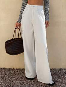 Livesso Quần jeans nữ mùa hè màu trơn, chất liệu cotton, họa tiết đinh tán, kiểu dáng thường ngày, màu trắng. - trắng - Xem 7