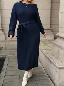 Juhart 大码女式纯色针织不对称肩部连衣裙，袖口下摆有金属饰边，优雅休闲毛衣裙，适合圣诞节、万圣节、返校季、秋冬季 - 藏蓝色 - 查看 8