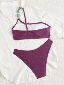 Swim Chiccia Damen Sommer Strand Musik Festival braun glänzender Stoff perlenbesetzter schulterfreier eleganter Bikini-Set - Violett - Übersicht 2