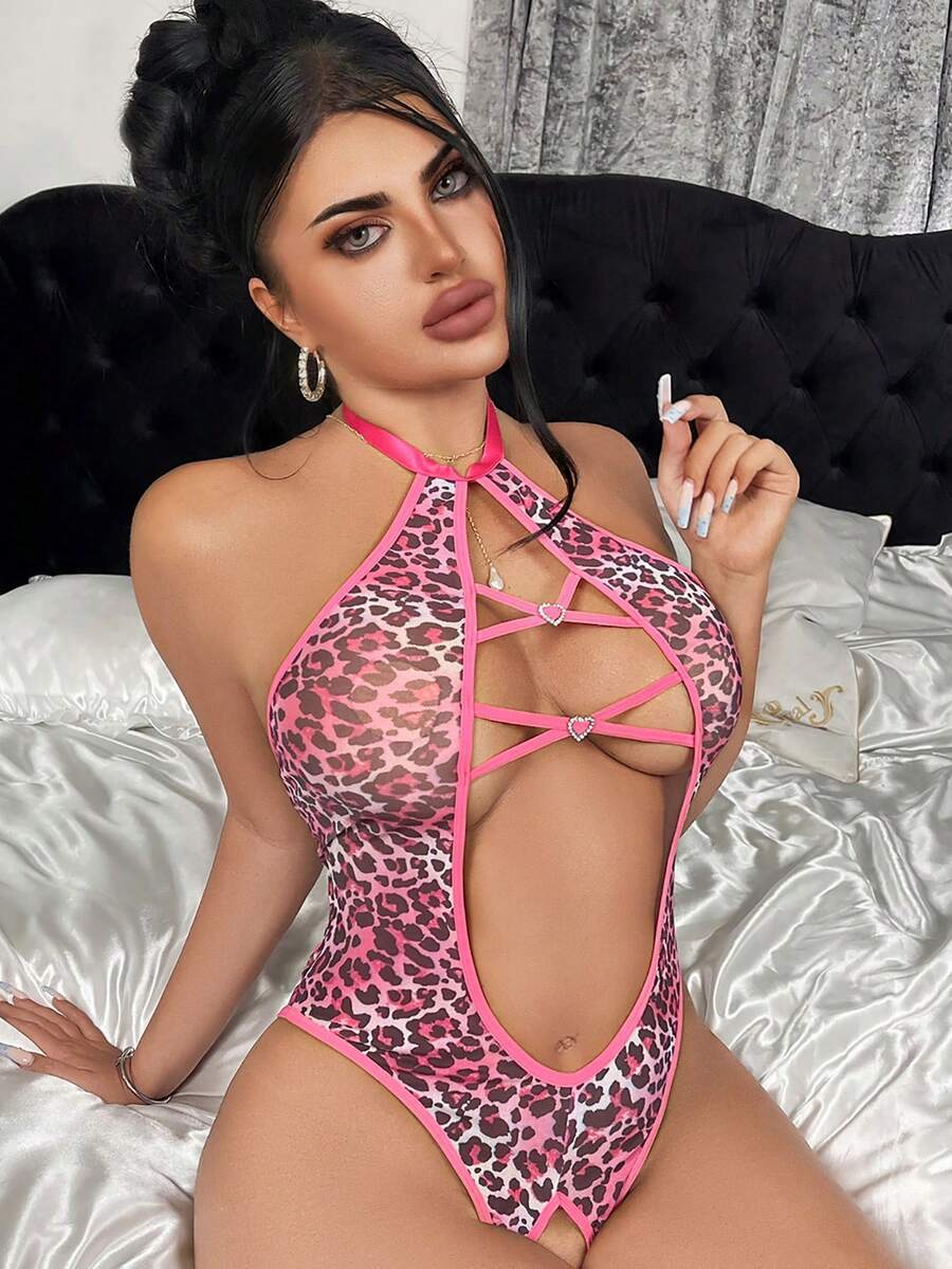 SHEIN Women's Leopard Print Backless Crotchless Sexy Bodysuit, Going Out - Hot Pink - View 1