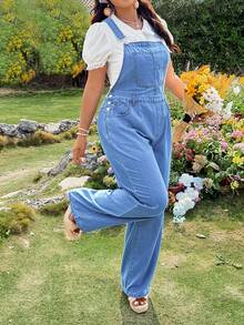 Breezaya Plus Size Women Casual Loose Denim Bib Overalls - Blue - View 6