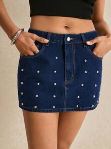 Poéselle Chân váy denim tối màu thanh lịch, đa năng dành cho nữ, đính ngọc trai, thích hợp cho các buổi hẹn hò. - Màu xanh lam - Xem 6