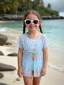 女童（小号）泳衣套装，可爱粉色豹纹三件套泳衣，时尚休闲优雅，适合游泳、度假、夏季穿着 - 藍色 - 查看 3