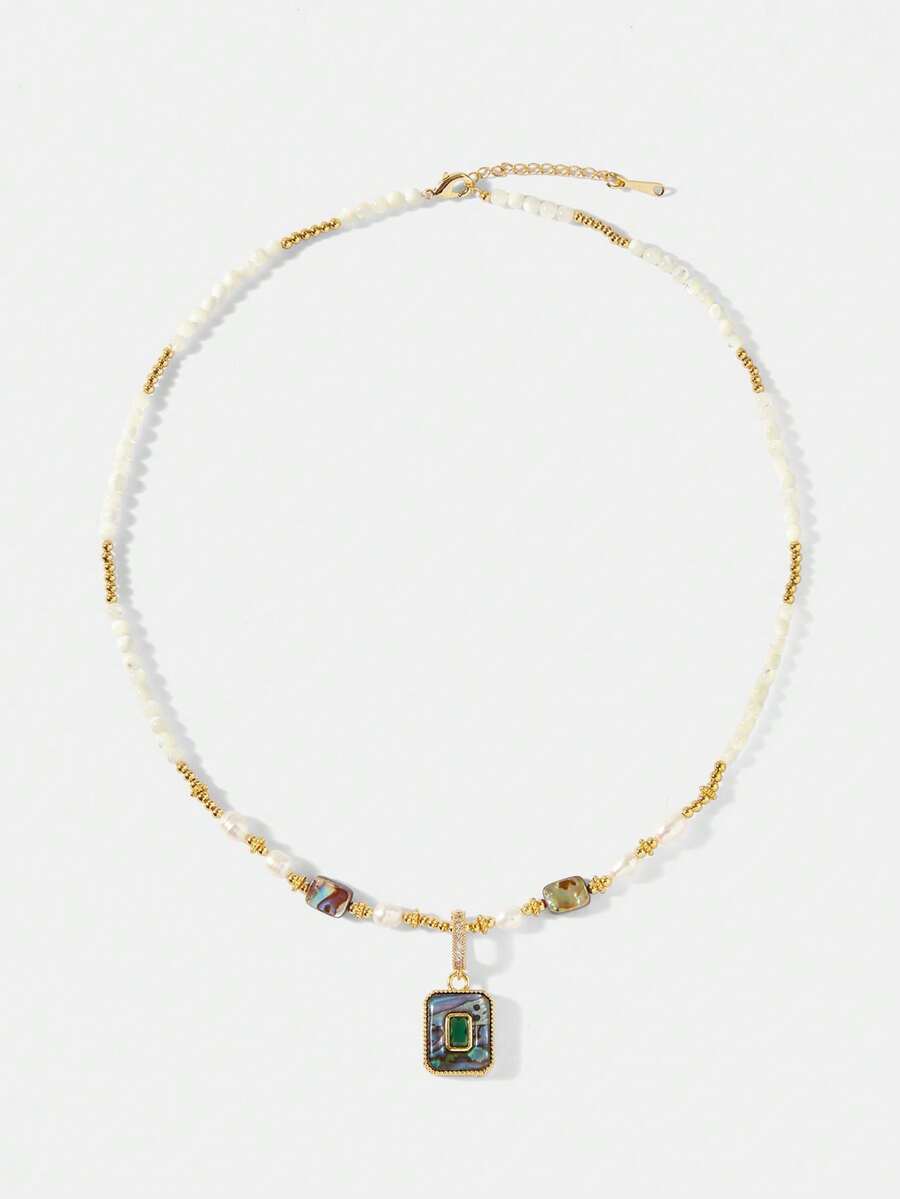 MOTF PREMIUM 欧美时尚淡水珍珠方形项链，鲍鱼贝壳吊坠，锁骨轻奢，小众高端项链，女士珍珠项链。 - 彩色 - 查看 2