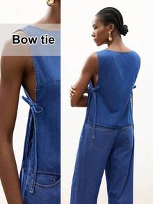 Maija 女士休闲无袖牛仔上衣，侧开衩，夏季 - 中等水洗藍 - 查看 1