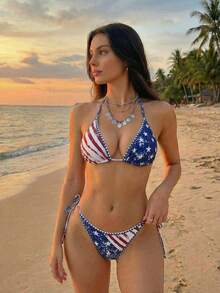 Swim Vcay 26SS Women's Spring/Summer Beach Outfit, Women's Striped & Star Print Halter Backless Sexy Bikini Set, 2pcs - Multicolor - View 3