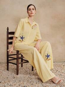 Anewsta 2pcs Starfish Embroidery Collared Cropped Shirt & Wide Leg Pants Set - Yellow - View 3