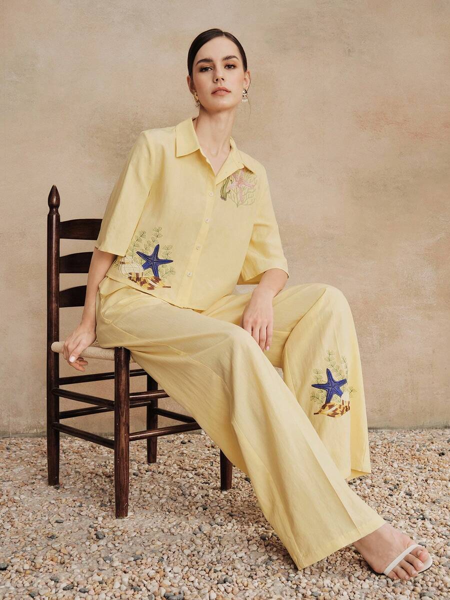 Anewsta 2pcs Starfish Embroidery Collared Cropped Shirt & Wide Leg Pants Set - Yellow - View 1