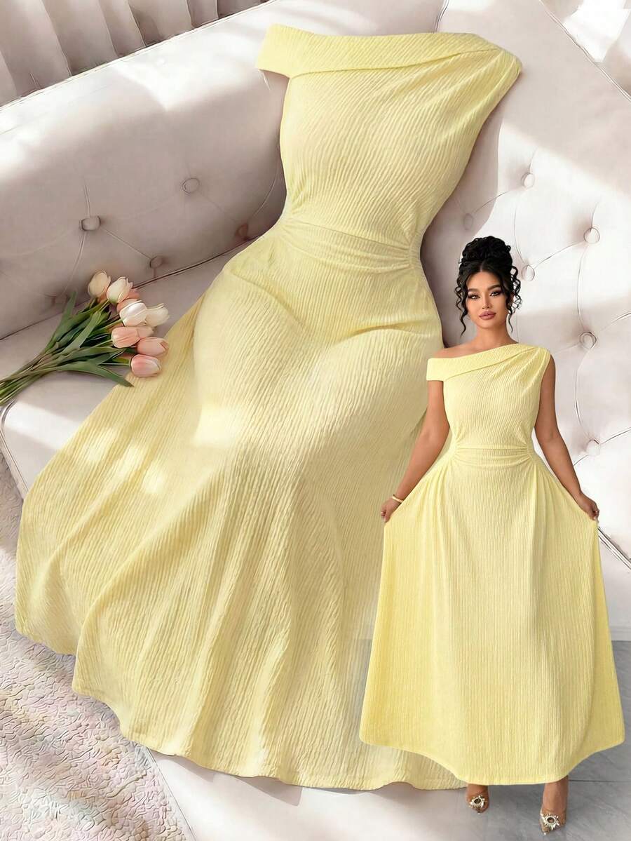 Elenzga Plus Size Women's Elegant Fashion Sleeveless Ruched Waist A-Line Dress, Spring/Summer - Yellow - View 1