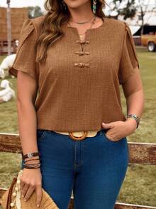 EMERY ROSE Plus Size Solid Color Petal Sleeve Button-Up Shirt, Summer - Rust Brown - View 1
