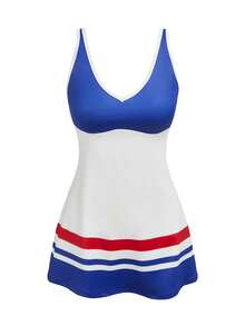 SHEIN Cheerettes 两件套女士休闲拼接撞色运动连衣裙和短裤套装 - 藍白色 - 查看 12