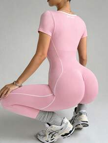 Dewbera Bộ đồ thể thao nữ liền thân in chữ, thích hợp chạy bộ, yoga và tập thể dục. - Màu Hồng baby - Xem 8