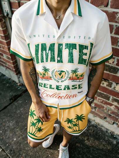 Manfinity Chillmode Daily Streetwear, Summer Vacations Young Casual Linen-Like Shirt & Palm Tree Shorts Set, Relaxed Oversized Fit, White & Yellow, Ideal Gift For Boyfriend, Suitable For Summer.,Valentine's Day,Spring To Summer,Gift For My Boyfriend,Mardi Gras,Vintage,Streetwear,Party,St Patrick's Day,Going Out