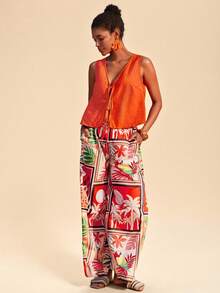 Travachic 2026春夏新款印花长裤+撞色系带无袖背心两件套，度假风，梭织印花，女士休闲夏季度假装，波西米亚海滩度假装，波西米亚时尚，乡村音乐会装，节日庆典装，女士海滩装，女士夏季装，复古富家女装，毕业典礼装，夏季连衣裙，女士生日礼服，波西米亚风服饰 - 彩色 - 查看 2