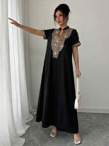 Rafferiza Contrast Color Embroidered Mandarin Collar Rhinestone Embellished Loose Long Dress For Women - Black - View 6