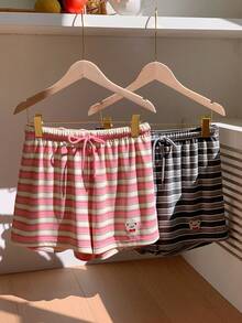 Comfortcana Quần short nữ kẻ sọc phối họa tiết, cạp chun, kiểu dáng thường ngày đa năng, có dây rút. - Nhiều màu - Xem 3