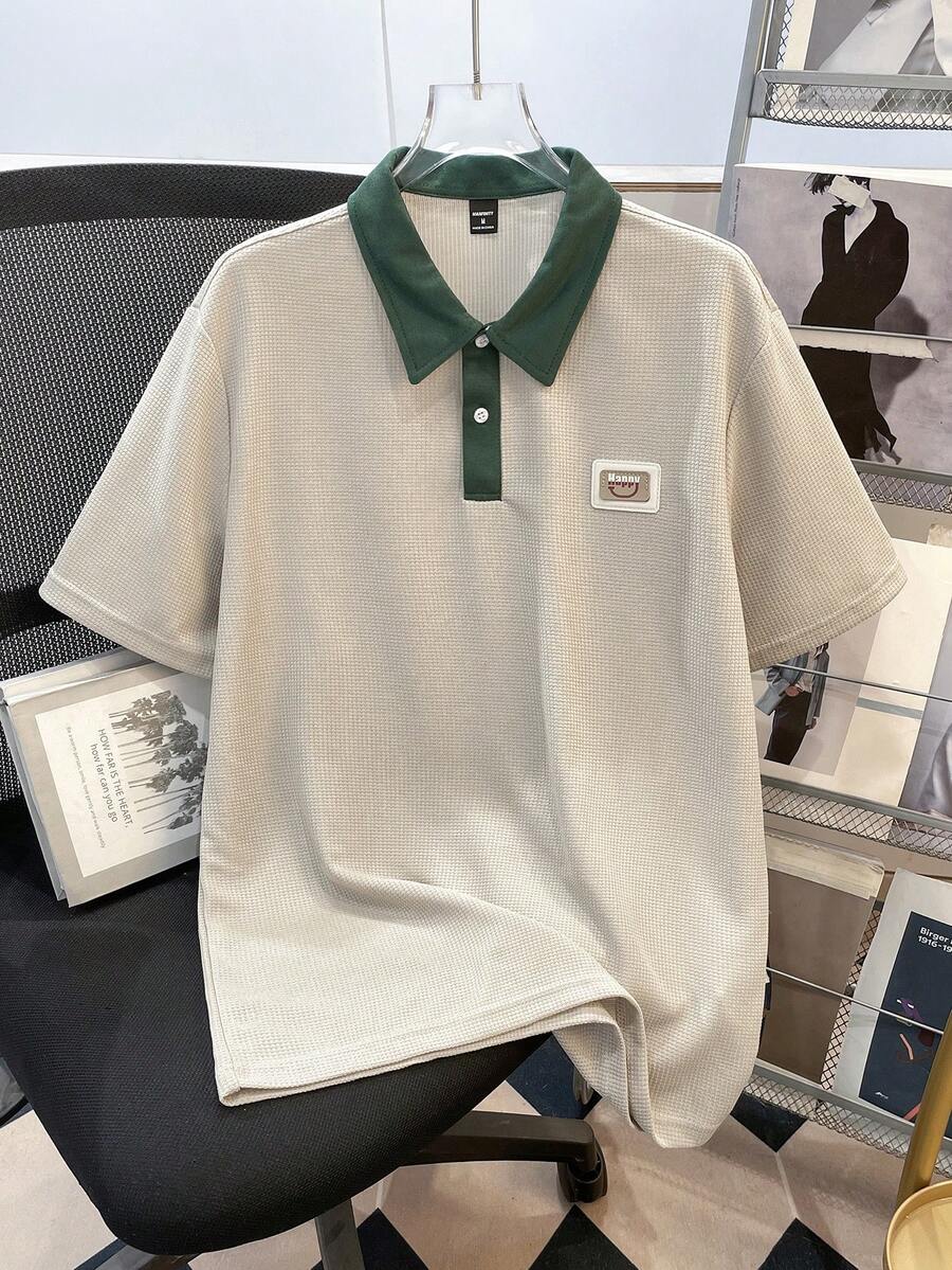 Manfinity Joysei 男士字母刺绣撞色短袖休闲通勤 Polo 衫 - 杏色 - 查看 1