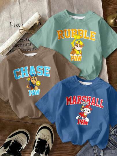 SHEIN | PAW Patrol 3pcs/Set Young Boy Casual Round Neck Cartoon Letter Print Short Sleeve T-Shirts, Versatile Daily Wear