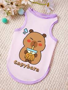 PETSIN 1 Piece Cute Teddy Bear Drinking Milk Tea With Letter Printed Pet Vest In Light Purple Casual Style, Soft And Breathable, Comfortable Pet Clothes - Light purple - View 1