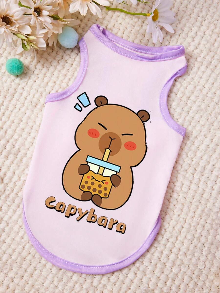 PETSIN 1 Piece Cute Teddy Bear Drinking Milk Tea With Letter Printed Pet Vest In Light Purple Casual Style, Soft And Breathable, Comfortable Pet Clothes - Light purple - View 1
