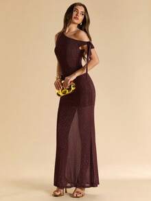 SHEIN BAE Women's Asymmetrical Shoulder Bodycon Dress, Pink Dress,Summer Dresses For Women - Brown - View 3