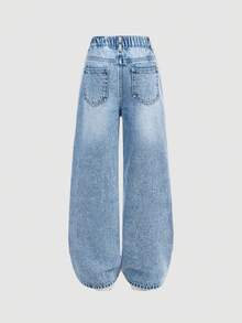 SHEIN Girlism Tween Girls' Y2K Retro Washed High Waist Cat Whisker Washed Baggy Staight Leg Jeans,Tween Girls Fall Winter Clothes Back To School Streetwear Outfits - Light Wash - View 2