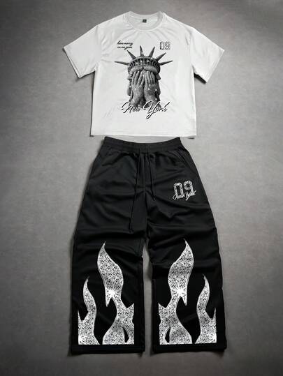 Manfinity EMRG Men's Letter Print Round Neck Short Sleeve T-Shirt And Shorts Casual Suit