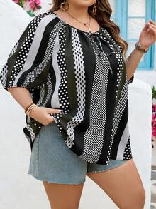 SHEIN CURVE+ Áo kiểu nữ cỡ lớn US22, thích hợp cho lễ hội âm nhạc, kỳ nghỉ ven biển, phong cách bohemian, phối màu kẻ sọc, thích hợp cho kỳ nghỉ hè/đồng quê/bãi biển/trang phục đi biển. - xanh quân đội - Xem 4
