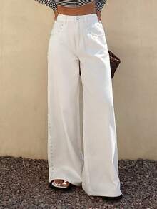 Livesso Quần jeans nữ mùa hè màu trơn, chất liệu cotton, họa tiết đinh tán, kiểu dáng thường ngày, màu trắng. - trắng - Xem 5
