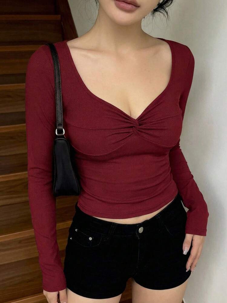 Women's Square Neck Twist Front Short Sleeve Fitted T-Shirt