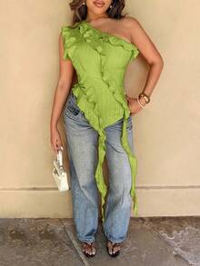 Women's Asymmetric Ruffle Trim Blouse, Fitted Waist Design, Elegant Asymmetric Hem, Multi-Layer Ruffle Trim - Mint Green - View 5