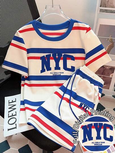 Resyla 女士休闲条纹时尚运动纽约设计常规版型圆领短袖T恤+斜插口袋短裤，夏季