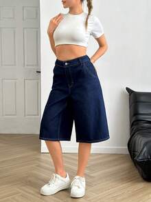 SHEIN Low Waist Dark Blue Raw Wash Casual Style Button Front Patch Detailed Denim Short - Dark Wash - View 4